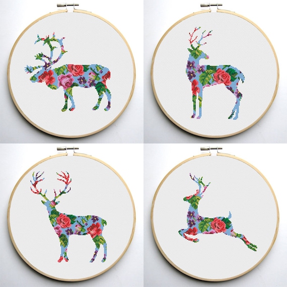 Floral Deer cross stitch pattern set of 4 patterns Instant Etsy