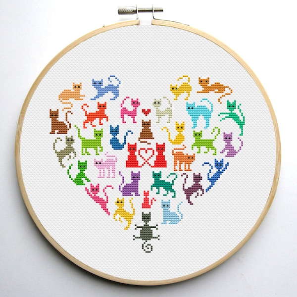 Heart and Cats 2 cross stitch pattern - Instant Download PDF