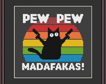 Pew Pew-katt - Roligt korsstygnsmönster PDF direktnedladdning