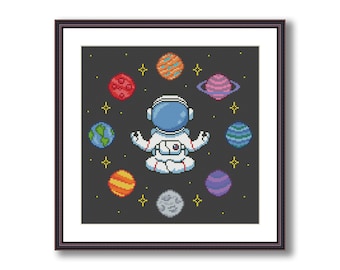 Astronaut meditation cross stitch pattern, Space planet cross stitch, Instant Download PDF, easy cross stitch pattern