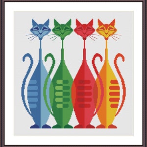 May include: Four stylized cats in a row, each a different color: blue, green, red, and yellow. The cats are facing forward with their tails curled behind them.