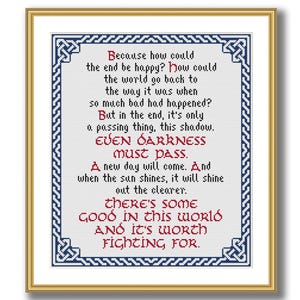 May include: Framed cross-stitch artwork with a gold border. The text, in red and black, reads "Because how could the end be happy?" and continues with an inspirational message. The frame has a decorative blue and white border.