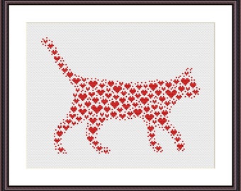 Cross Stitch Pattern Hearts Cat Silhouette Modern Cross Stitch Pattern PDF -  Instant download