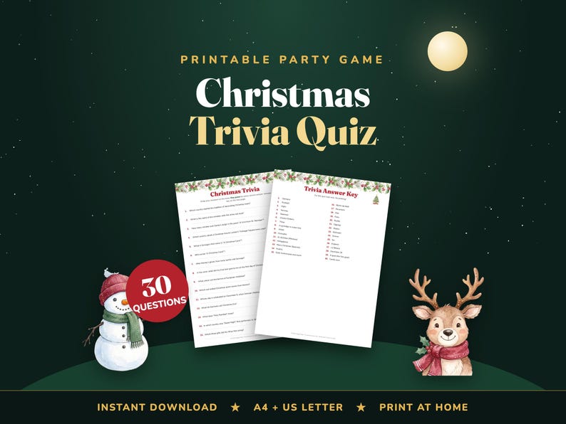 Christmas Trivia Quiz, 30 Questions, Holiday Party Game (Digital Download) image 1