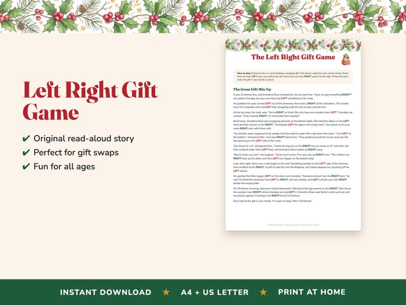 Left Right Christmas Game, Printable Gift Exchange Story (Digital Download) image 2