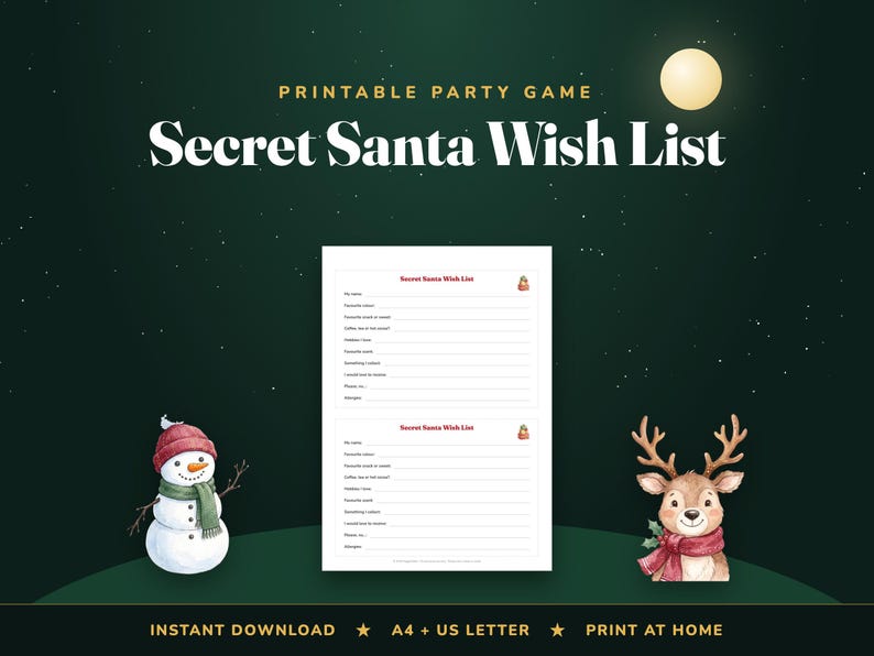 Lista de deseos para el amigo invisible (imprimible), formulario de intercambio de regalos de oficina (descarga digital) imagen 1
