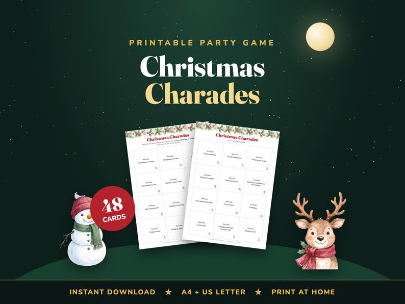 Juego de mímica navideña, 48 tarjetas imprimibles para representar (descarga digital) imagen 1