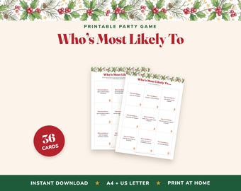 ¿Quién tiene más probabilidades de...? Juego de Navidad, 36 tarjetas, rompehielos para fiestas navideñas (descarga digital)
