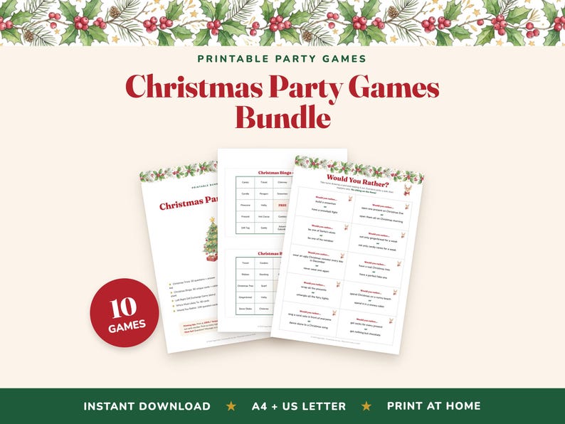 Paquete de 10 juegos imprimibles para fiestas navideñas, ideales para divertirse en familia o en la oficina (descarga digital). imagen 1