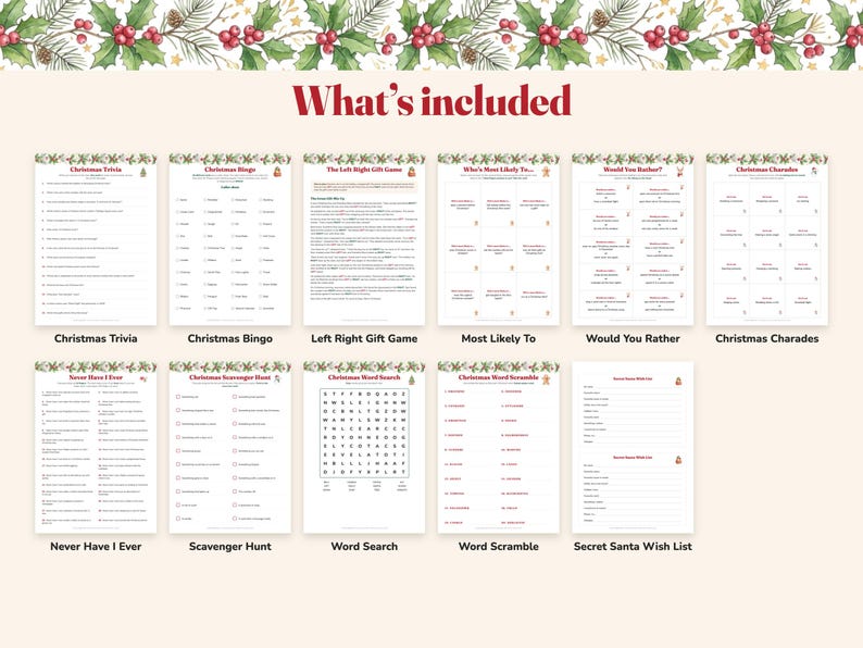 Paquete de 10 juegos imprimibles para fiestas navideñas, ideales para divertirse en familia o en la oficina (descarga digital). imagen 2