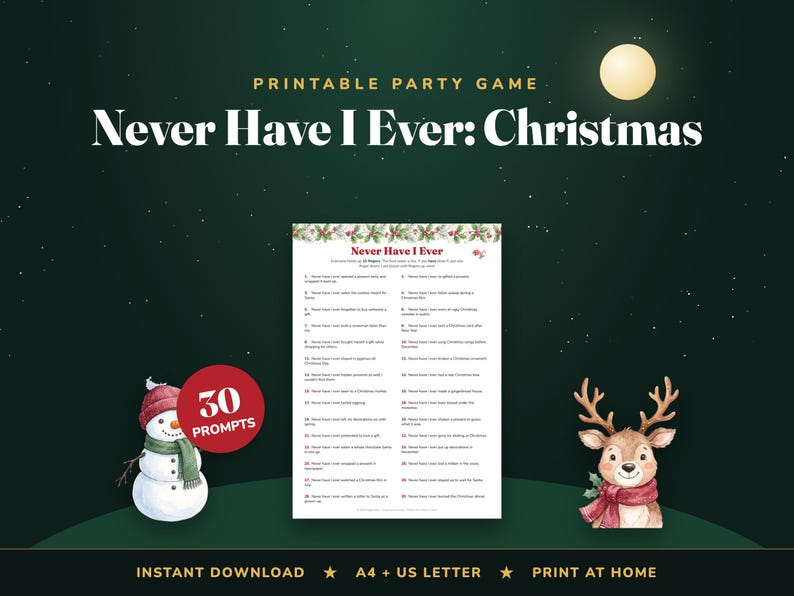 Never Have I Ever Christmas Game, 30 Prompts, Family Holiday Icebreaker (Digital Download) image 1