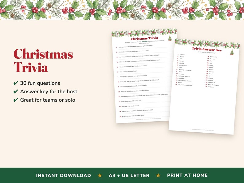 Christmas Trivia Quiz, 30 Questions, Holiday Party Game (Digital Download) image 2