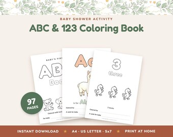 Baby Shower ABC and 123 Coloring Book, Baby's First Book Guest Activity, Animal Alphabet Keepsake (Digital Download)