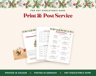 Print and Post Service for GiggleTable Christmas Games, Printed in Colour and Mailed in Germany