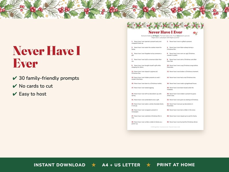 Never Have I Ever Christmas Game, 30 Prompts, Family Holiday Icebreaker (Digital Download) image 2