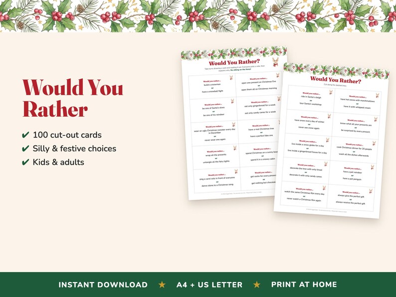 クリスマス版「どっちを選ぶ？」ゲーム、クリスマスをテーマにした質問カード100枚（デジタルダウンロード版） 画像 2