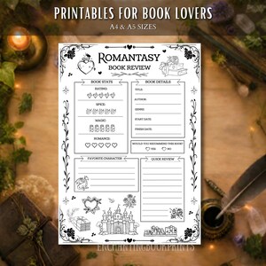 Peut inclure: Une fiche de critique littéraire imprimable en noir et blanc intitulée Romantasy Book Review. La mise en page comprend des sections pour les statistiques, les détails, le personnage préféré et un avis rapide, illustrée de châteaux et cœurs.