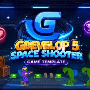 May include: A digital game interface titled GDEVELOP 5 SPACE SHOOTER GAME TEMPLATE featuring a central blue G logo, a character holding a weapon, two green alien creatures, wooden crates, and glowing icons for health, ammo, and trophies.