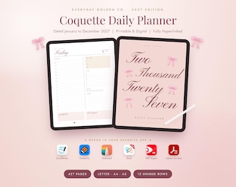 2027 Digital Planner, Coquette Pink Bow, Daily Printable PDF, GoodNotes iPad, A4 A5 Letter