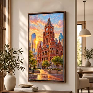 Impresión en lienzo de la Torre del Reloj, Edificio Cívico de Ladrillo Rojo bajo una colorida puesta de sol Arte mural de la ciudad