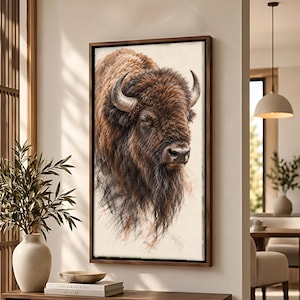 Canvastavla med porträtt av bison, lurvig päls på mjuk krämfärgad bakgrund, väggkonst med majestätisk djurliv