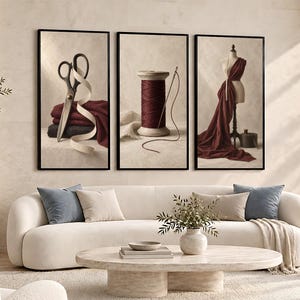 Tailor Canvas Print Set of 3, Dress Form Thread and Scissors