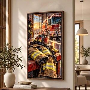 Firefighter Canvas Print, Helmet and Turnout Coat beside a Fire Engine, Station Office Decor