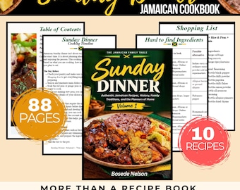 Könnte beinhalten: Ein jamaikanisches Kochbuch mit dem Titel Sunday Dinner Volume 1 von Bosede Nelson, mit 88 Seiten und 10 Rezepten. Das Cover zeigt einen Teller mit Reis, Fleisch und Gemüse. Enthält Seiten für ein Inhaltsverzeichnis und eine Einkaufsliste.