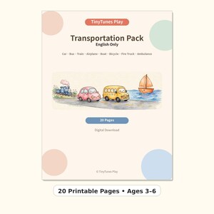 May include: A Transportation Pack digital download with 20 pages for ages 3-6. The cover features the text TinyTunes Play, Transportation Pack, English Only, and a watercolor illustration of a train, pink car, yellow bus, and sailboat.