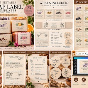 Peut inclure: Une collection numérique de 23 modèles d'étiquettes de savon modifiables, incluant des bandes de papier, des étiquettes d'ingrédients, des cartes d'entretien et des autocollants ronds. Les designs présentent des illustrations botaniques.