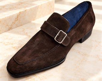 Dark Brown Suede Loafers with Buckle Strap for Men