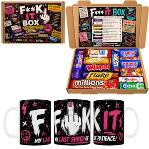 May include: A cardboard gift box filled with assorted chocolate bars and sweets, featuring the text F*** IT BOX. The set includes a black ceramic mug with a graphic of a hand showing a middle finger and the text F*** IT MY LAST SHRED OF PATIENCE.