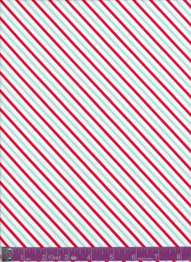 Red Aqua White Stripe Fabric Stripe Fabric Vintage Holiday Etsy