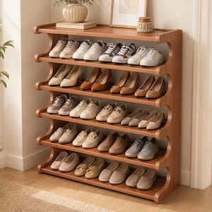 May include: A tall, six-tier wooden shoe rack with a curved, open-frame design. The shelves are filled with various styles of footwear, including white sneakers, tan loafers, and beige heels, arranged neatly across each level of the unit.