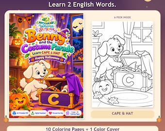 May include: A digital coloring book titled Benny and the Costume Parade featuring a puppy, a pumpkin, and a chest with the letter C. The cover shows a colorful Halloween scene, while the peek inside shows a black and white line art version.