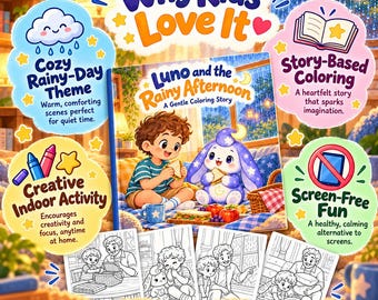 May include: A coloring storybook titled Luno and the Rainy Afternoon featuring a child and a purple rabbit eating sandwiches. The image includes text bubbles highlighting a cozy rainy-day theme, story-based coloring, creative indoor activity, and screen-free fun, plus four black and white coloring pages.