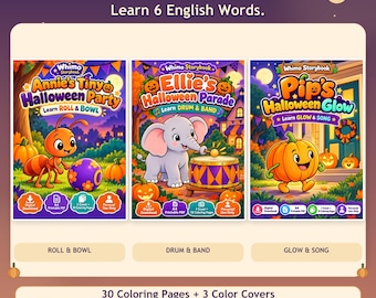 May include: Three Whimo Storybook coloring books titled Annie's Tiny Halloween Party, Ellie's Halloween Parade, and Pip's Halloween Glow. Each cover features colorful illustrations of an ant, elephant, or pumpkin with text.