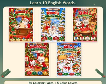 May include: Five digital storybooks titled Whimo Storybook featuring Santa's Christmas Post, Remi's Winter Ride, Bibi's Little Surprises, Mimi's Cozy Christmas, and Nilo's Christmas Games. Includes 50 coloring pages, 5 color covers, A4 and US Letter sizes.