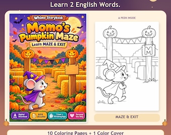 May include: A digital storybook coloring set titled Momo's Pumpkin Maze featuring a mouse in a wizard hat and cape. The cover shows a colorful autumn maze with pumpkins and jack-o'-lanterns. A black and white line art page shows the maze entrance.