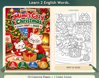 May include: A digital coloring book titled Mimi's Cozy Christmas featuring two white cats knitting by a fireplace. The cover shows a festive scene with a Christmas tree and stockings. Includes 10 coloring pages and 1 color cover in A4 and US Letter sizes as a printable PDF.