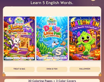 May include: A digital coloring book set featuring three storybook covers titled Luna and the Pumpkin Trail, Dolly and the Little Fish, and Halloween Cute Monster Coloring Book. Includes 30 coloring pages, 3 color covers, and printable PDF files in A4 and US Letter sizes.