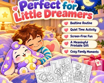 May include: A Whimo Storybook digital product display featuring a cartoon child sleeping with a purple plush toy. Text includes Perfect for Little Dreamers, Bedtime Routine, Quiet Time Activity, Screen-Free Fun, A Meaningful Printable Gift, and Cozy Family Moments.