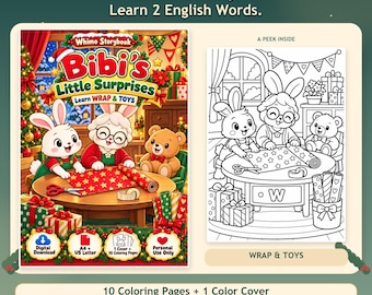 May include: A digital coloring book titled Whimo Storybook Bibi's Little Surprises featuring two rabbits and a teddy bear wrapping gifts. The set includes 10 coloring pages and 1 color cover in A4 and US Letter sizes as a printable PDF.