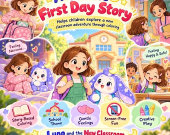 May include: A colorful book cover titled A Gentle First Day Story featuring a girl with brown hair and a purple bunny character. The illustration shows scenes of school life, including getting ready, meeting a teacher, and classroom activities with text labels like Story-Based Coloring, School Theme, and Creative Play.
