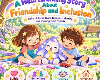 May include: A children's book cover titled A Heartwarming Story About Friendship and Inclusion, featuring a girl and boy sitting on a picnic blanket with a purple plush rabbit, surrounded by flowers, hearts, and educational text icons.