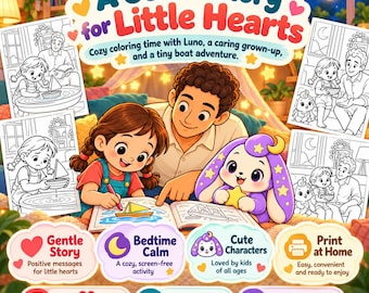 May include: A digital coloring book titled A Gentle Story for Little Hearts featuring a child, a grown-up, and a purple rabbit character coloring a boat scene. Includes 20 pages, A4 and US Letter formats, and a digital download icon.