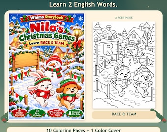 May include: A digital coloring book titled Nilo's Christmas Games featuring a colorful cover with a snowman, rabbit, and dog in a snowy scene, plus a black and white coloring page showing a snowman and animals with the letter R and text RACE & TEAM.