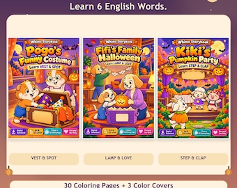 May include: Three digital storybook coloring books titled Pogo's Funny Costume, Fifi's Family Halloween, and Kiki's Pumpkin Party. Each cover features cartoon animals in festive settings. Includes 30 coloring pages, 3 covers, A4 and US Letter sizes.