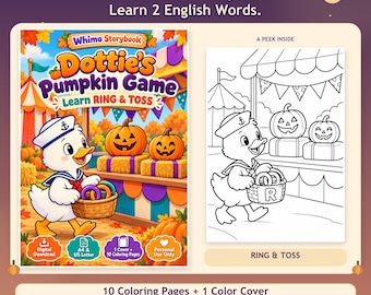 May include: A digital coloring book titled Whimo Storybook Dottie's Pumpkin Game Learn Ring & Toss. The cover features a cartoon duck in a sailor hat holding a basket of rings near pumpkins. Includes a black and white page preview.