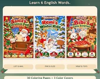 May include: Three Whimo Storybook coloring books titled Santa's Christmas Post, Remi's Winter Ride, and Bibi's Little Surprises. Each book features festive illustrations, including Santa, a reindeer, and rabbits. Includes 30 coloring pages and 3 color covers in A4 and US Letter sizes as a printable PDF.